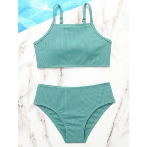 SHEIN🌺Girls Rib Green Solid Bikini Swimsuit👙160(13-14Y) - Picture 2 of 7